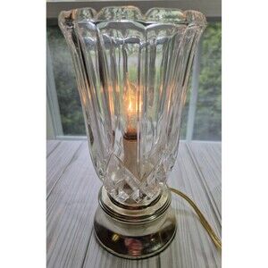 Vintage Crystal Hurricane Desk Lamp Electric Brass Base Cut Glass Hollywood